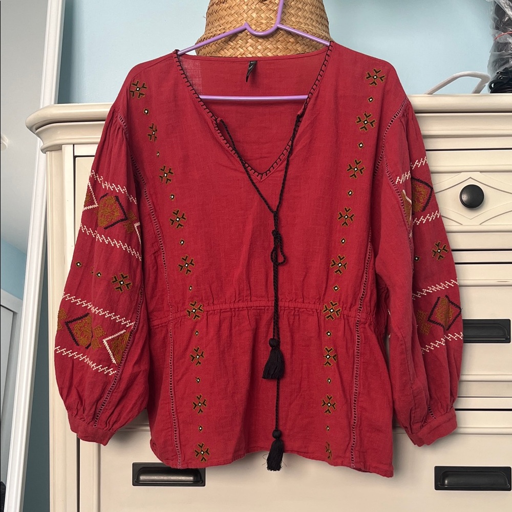 Zara Red Embroidered Blouse with Tassels